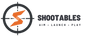 A digital logo for 'SHOOTABLES' featuring an orange lightning bolt inside a black target crosshair, with the tagline 'AIM • LAUNCH • PLAY' underneath, set against a solid white background.